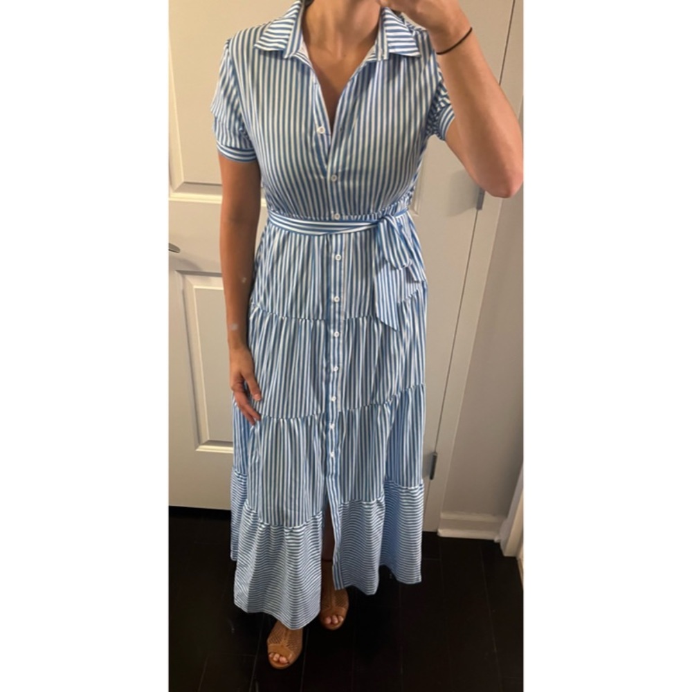 Long blue and white striped dress